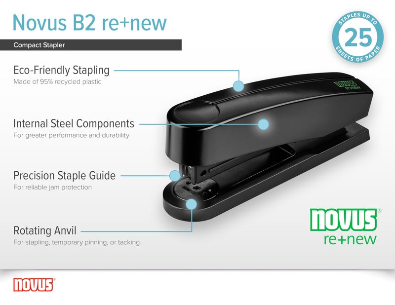 Novus B2 re+New Stapler, 25 Sheet Capacity, Made of 95% Recycled Plastic, German Engineered, Staple|Pin|Tack, 10 Yr. Warranty, Black re+New Special Edition (020-1931) - Image 5